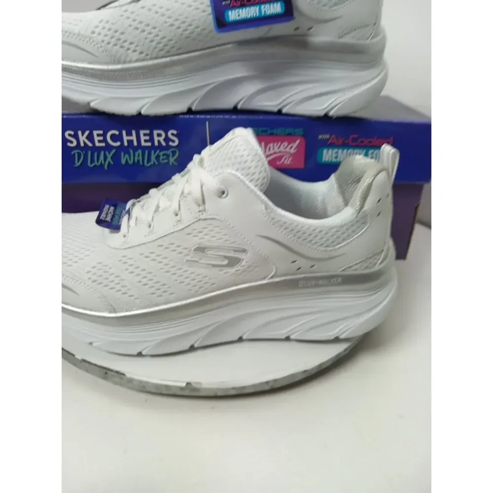 Skechers D'Lux Walker Infinite Motion White Silver Mesh Lace Shoes Womens Sz 11